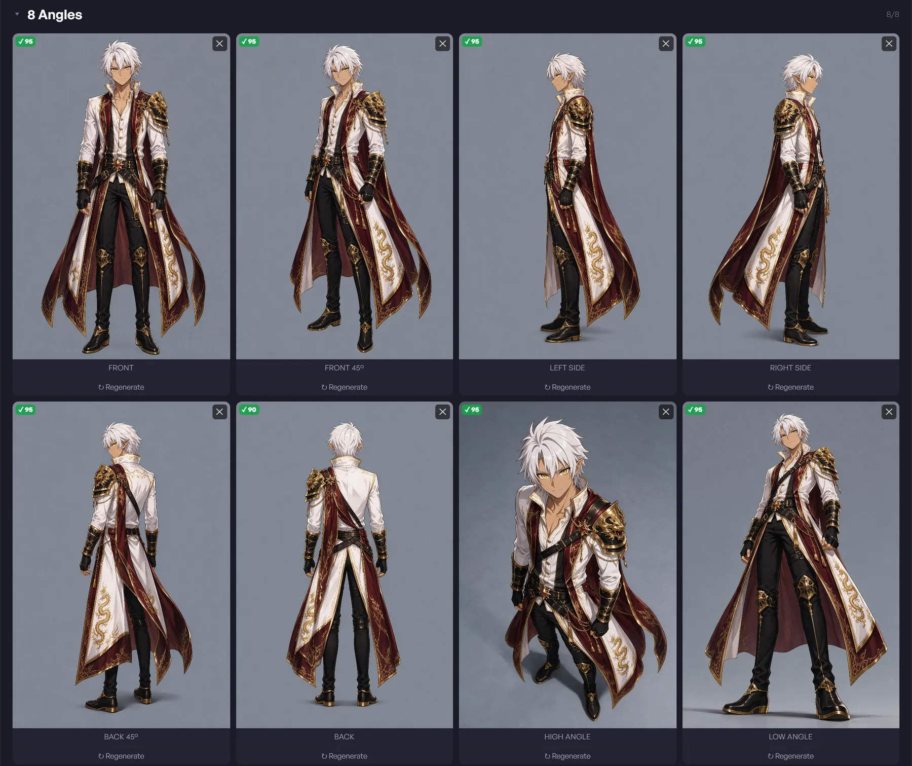 GenWax character reference sheet showing one character from eight angles