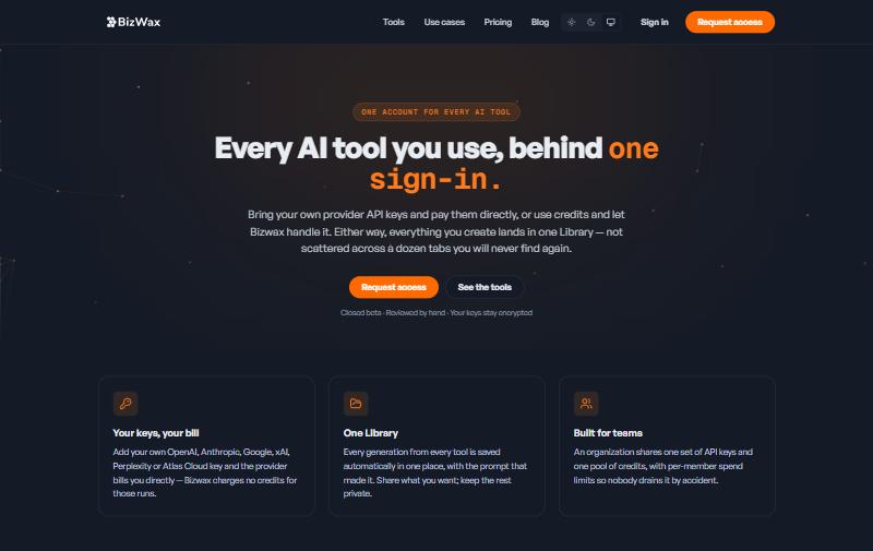BizWax.AI homepage: every AI tool behind one sign-in, with your own API keys or credits.