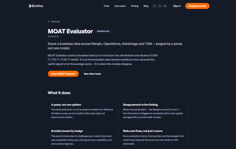 MOAT Evaluator on BizWax.AI scoring a business idea across Margin, Operations, Advantage and TAM with a panel of AI models.