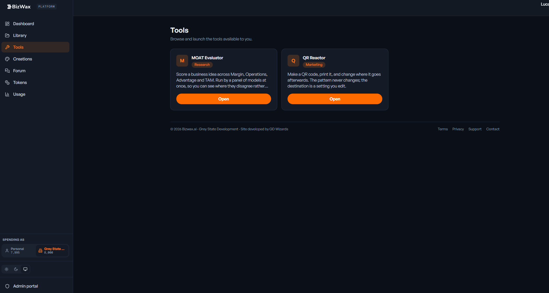 The BizWax.AI platform launcher — one account with the tool catalog, Library, creations and usage in one place.