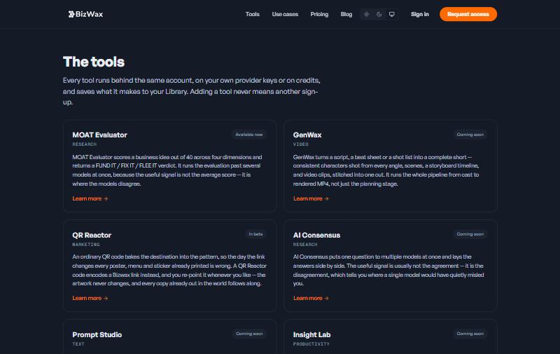 The BizWax.AI tools catalog — MOAT Evaluator, GenWax, QR Reactor, AI Consensus, Prompt Studio and Insight Lab under one account.