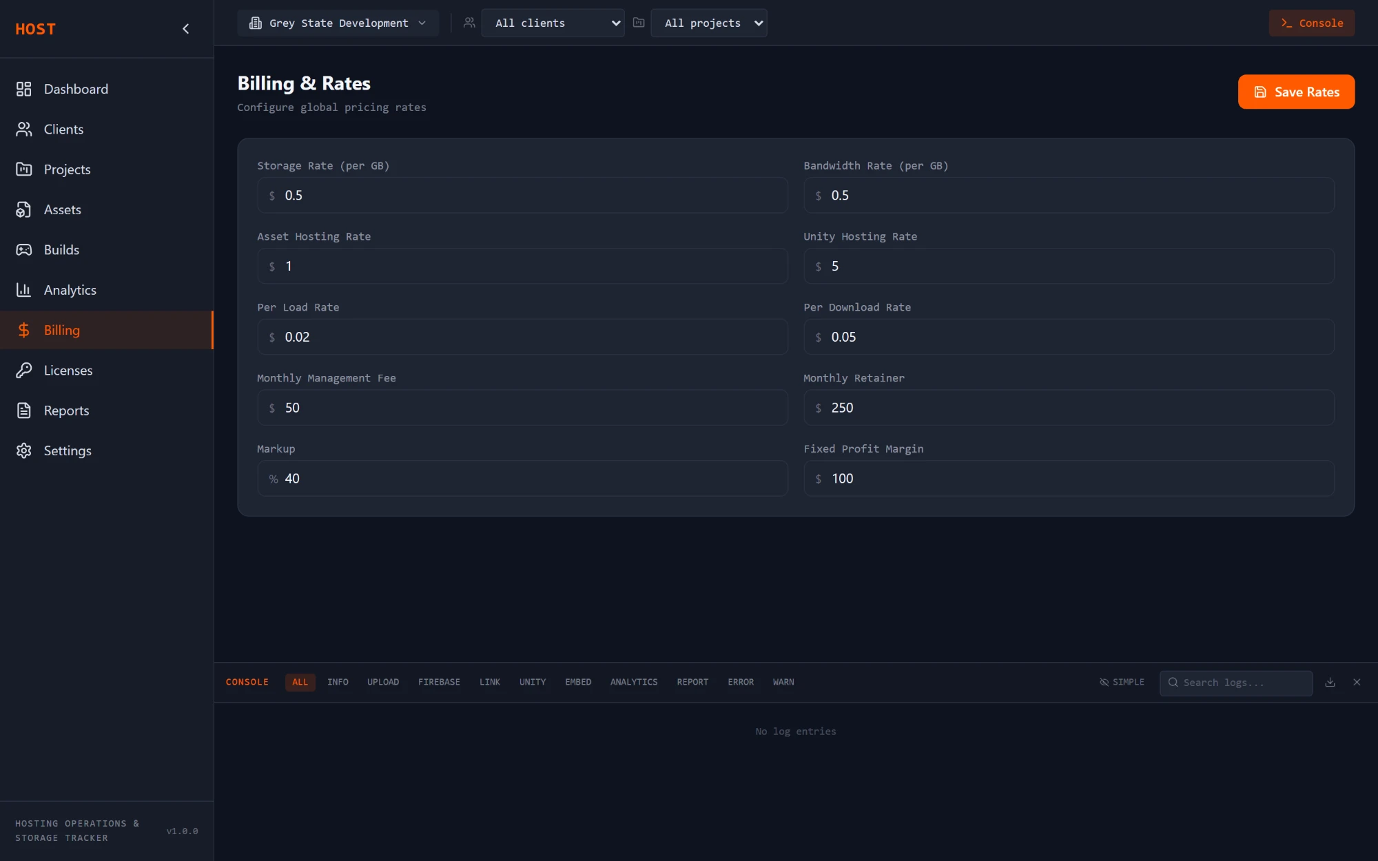 HOST billing and rates screen by Grey State Development configuring storage, bandwidth, Unity hosting, per-load, management, retainer and markup rates