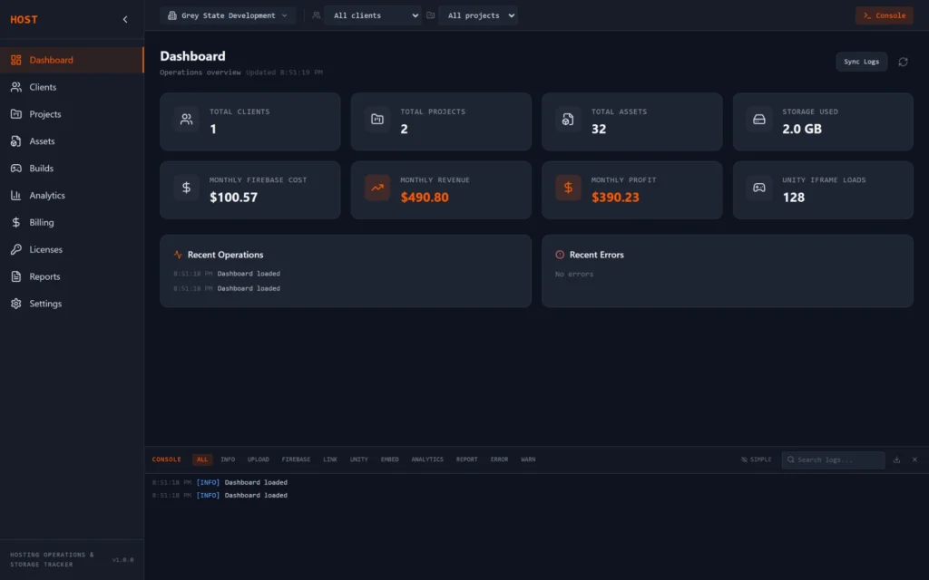 HOST dashboard by Grey State Development showing total clients, projects, assets, storage used, monthly Firebase cost, revenue, profit, and Unity iframe loads