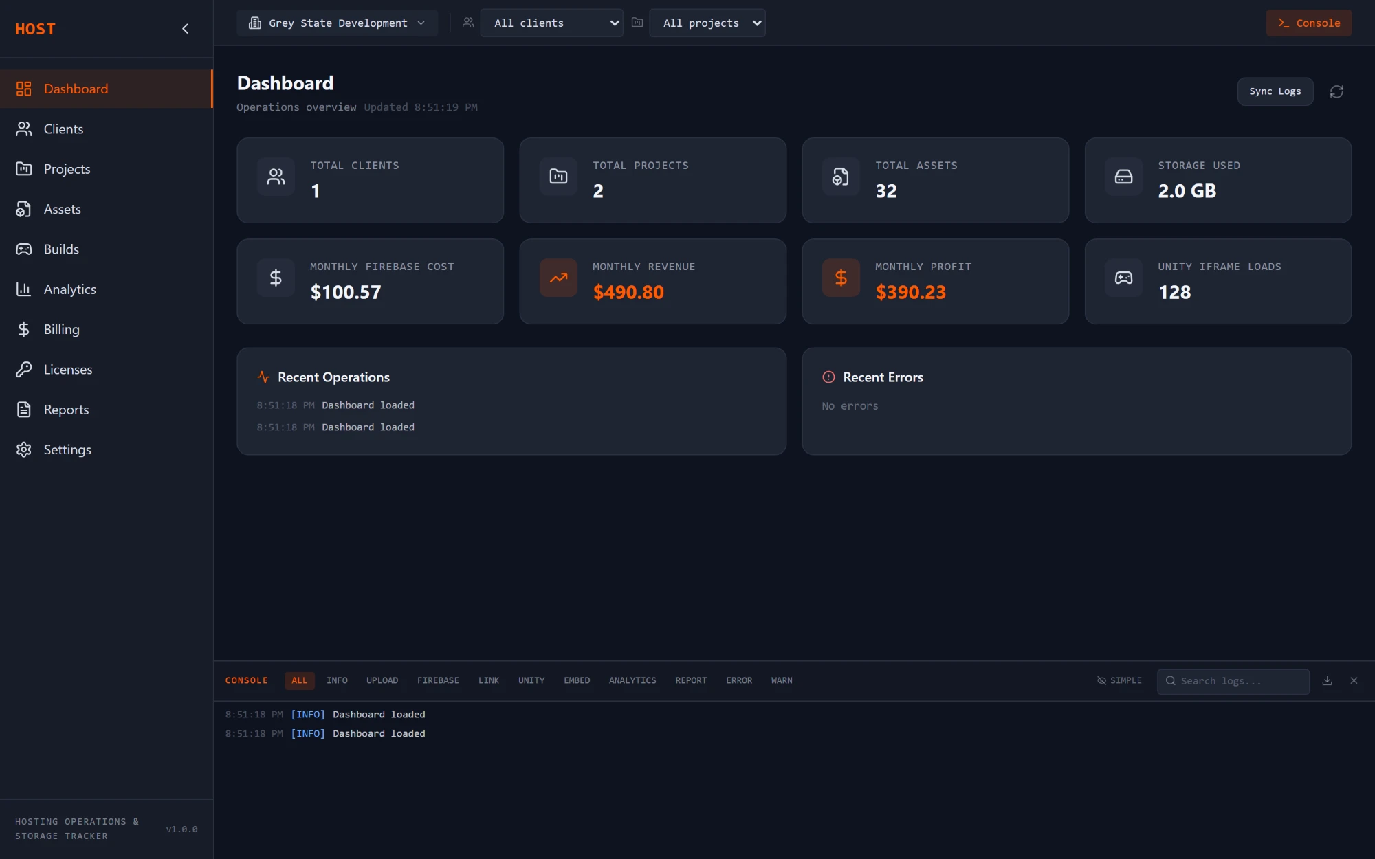 HOST dashboard by Grey State Development showing total clients, projects, assets, storage used, monthly Firebase cost, revenue, profit, and Unity iframe loads