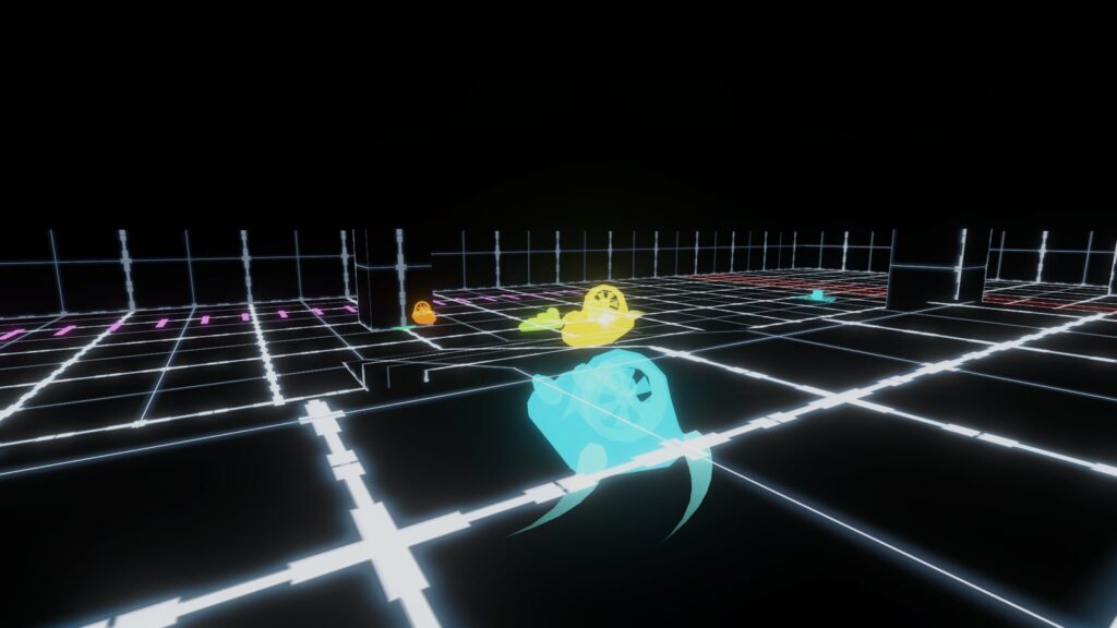A hovercraft drifting along the two-level Circuit track in HoloCraft Arena