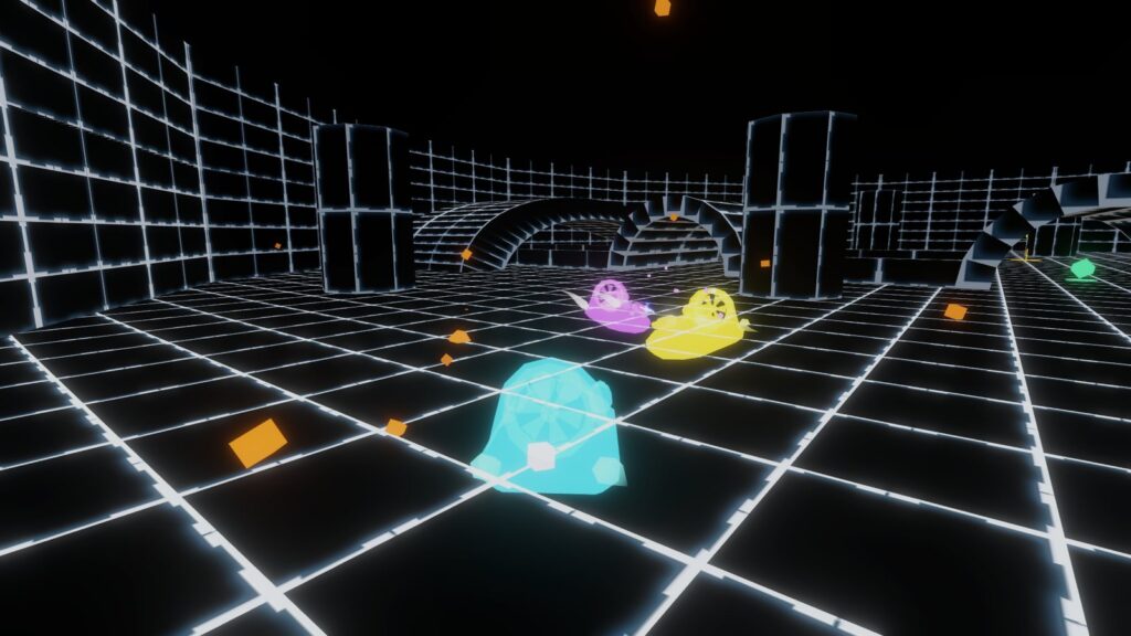 Neon hovercraft battling on the digital grid in HoloCraft Arena