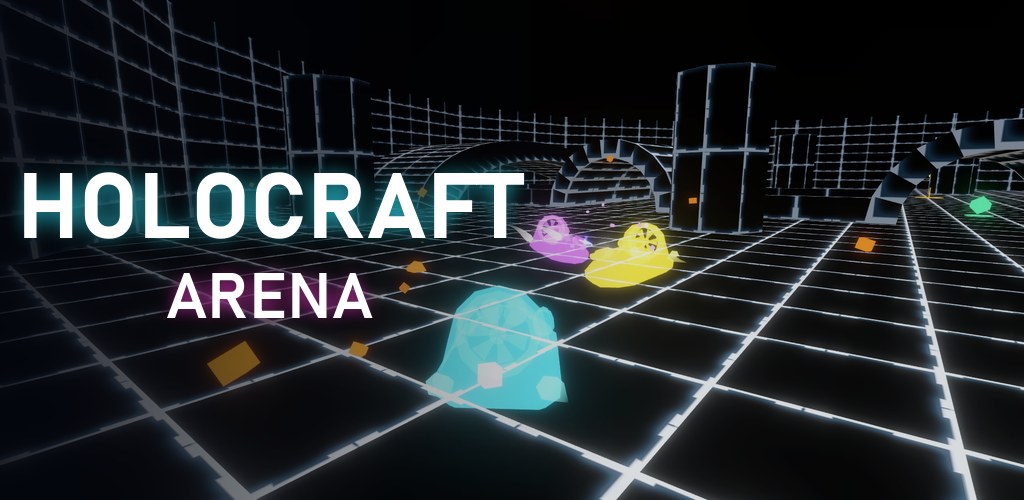 HoloCraft Arena title over a neon hovercraft battle on a glowing grid